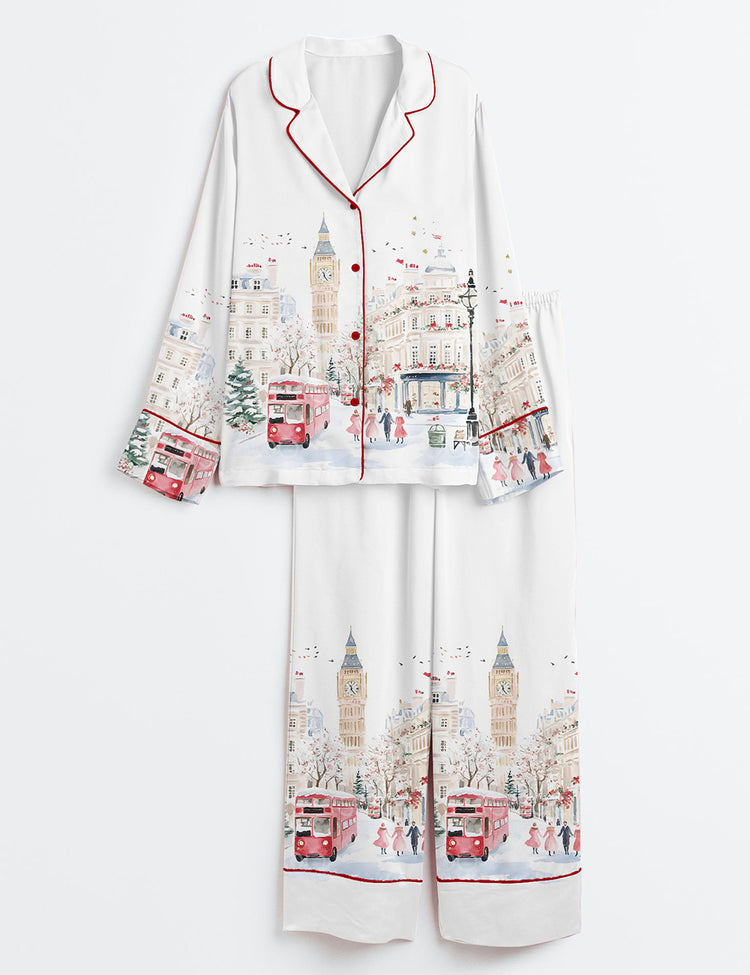 Women’s Watercolor Christmas In London Winter London Travel Long Sleeve Satin Pajama Set