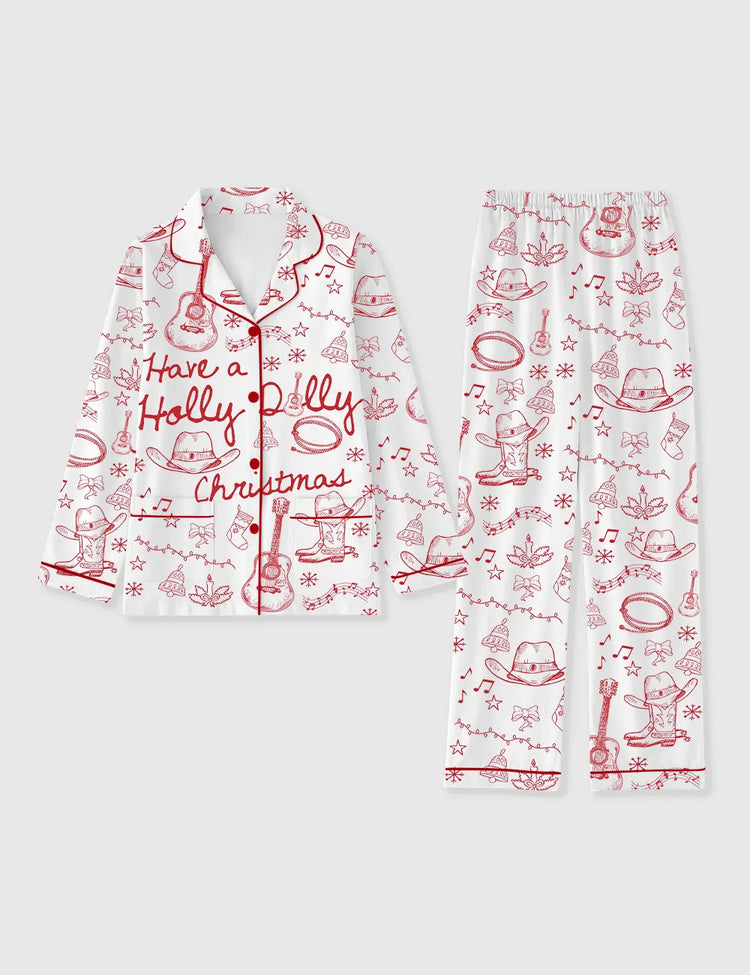 Women's Have A Holly Dolly Christmas Retro Country Music Holiday Long Sleeve Pocket Cotton Pajama Set