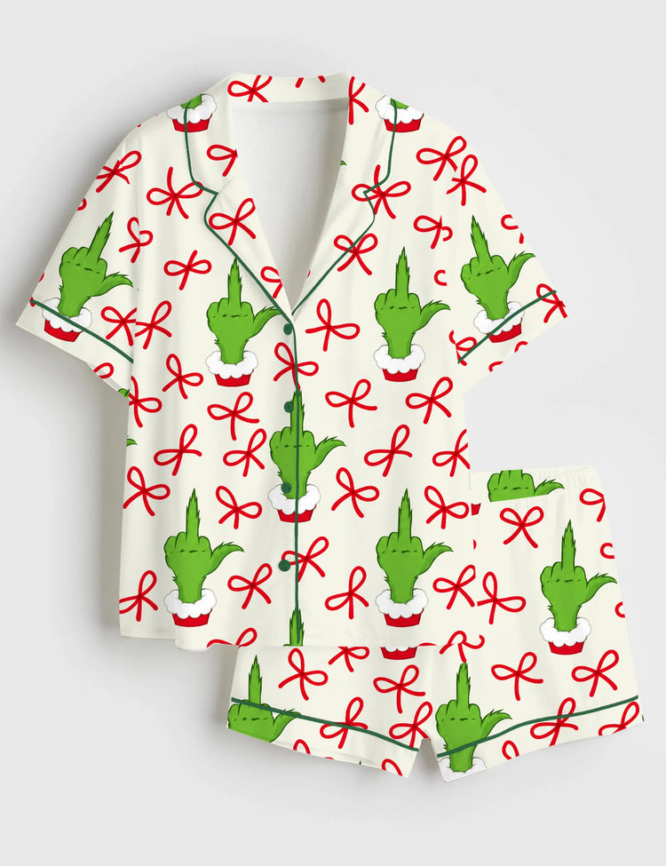 Women’s Christmas Grinch Middle Finger Red Bow Short Sleeve Silky Satin Pajama Set