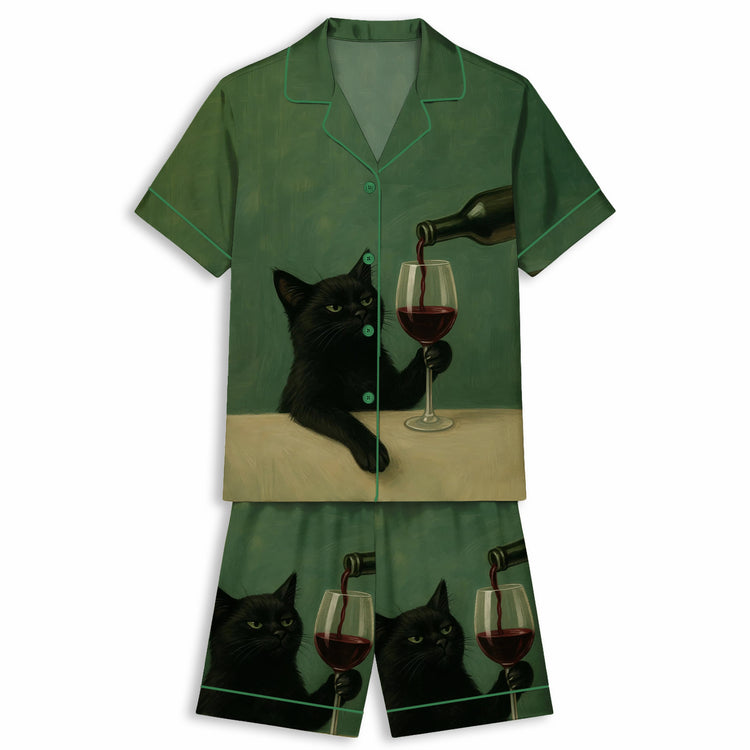 Black Cat With Wine Glass Unisex Short Sleeve Satin Pajama Set