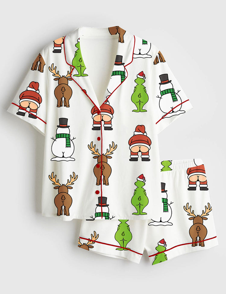 Women’s Funny Coquette Christmas Grinch Santa Reindeer Snowman Short Sleeve Satin Pajama Set