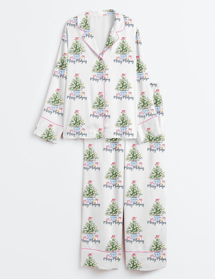 Women’s Merry Mahjong Chinoiserie Christmas Long Sleeve Satin Pajama Set