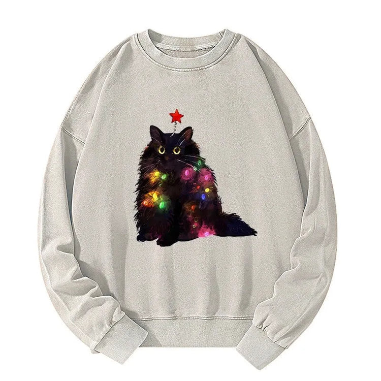 Christmas Lights Cat Washed Unisex Sweatshirt