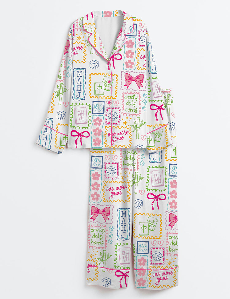 Women’s Mahjong Social Club Game Night Party Long Sleeve Silky Satin Pajama Set