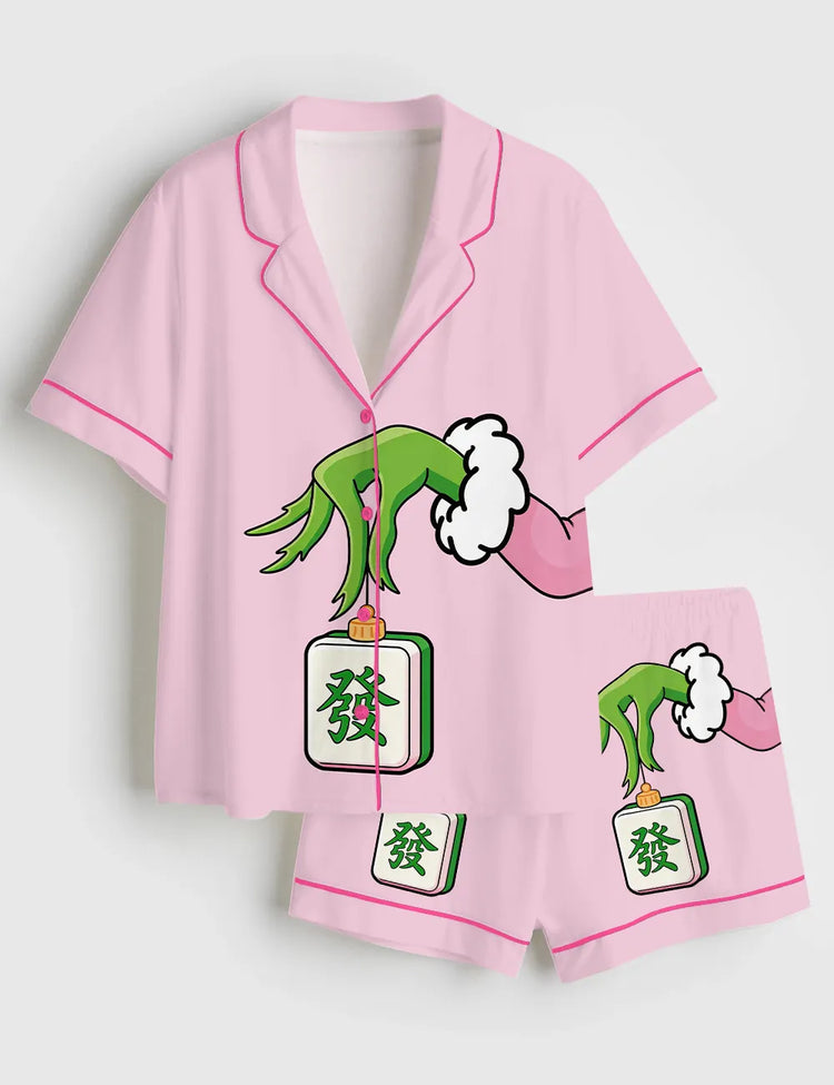 Women’s Pink Christmas Grinch With Mahjong Short Sleeve Silky Satin Pajama Set