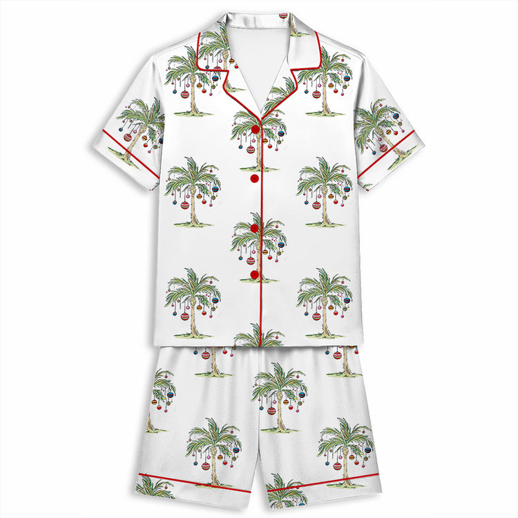 Tropical Christmas Aloha Holiday Beach Santa In July Hawaiian Unisex Short Sleeve Satin Pajama Set