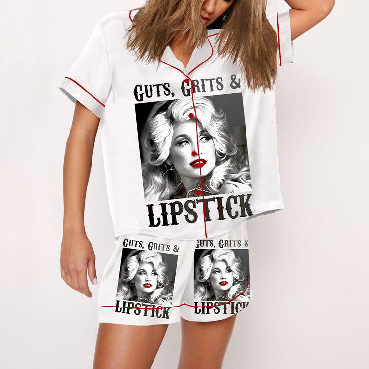 Women's Dolly RIP Country Music Guts Grits Lipstick Short Sleeve Silky Satin Pajama Set