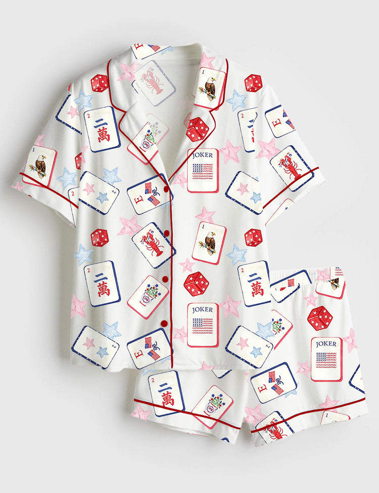 Women’s Mahjong Social Club Lucky Game Night Short Sleeve Silky Satin Pajama Set