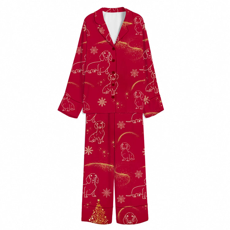 Christmas Golden Dachshund Snowfall Red Unisex Long Sleeve Silky Satin Pajama Set