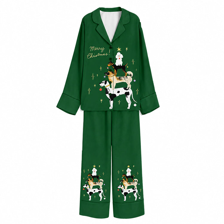 Christmas Festive Stacked Dogs Forest Green Unisex Long Sleeve Silky Satin Pajama Set