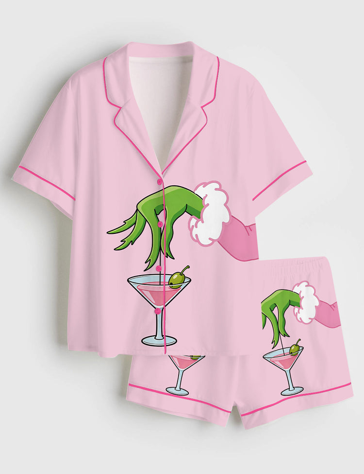 Women’s Pink Christmas Grinch Pink Martini Cocktail Short Sleeve Silky Satin Pajama Set