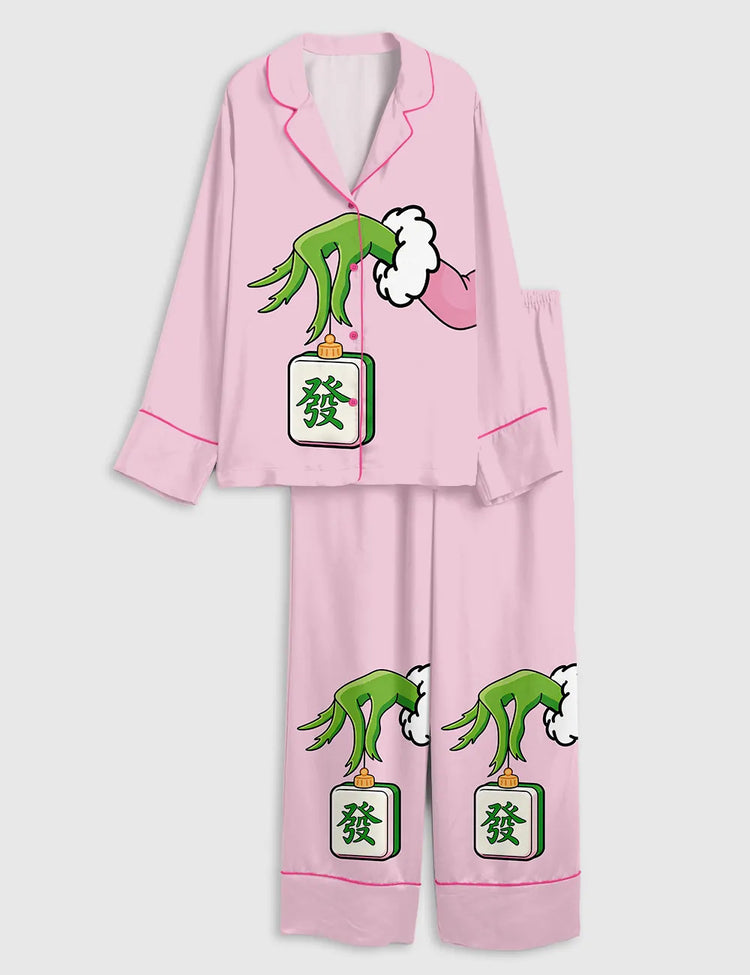 Women’s Pink Christmas Grinch With Mahjong Long Sleeve Silky Satin Pajama Set