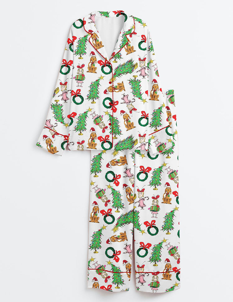 Women’s Christmas Grinch You're A Mean One Long Sleeve Silky Satin Pajama Set