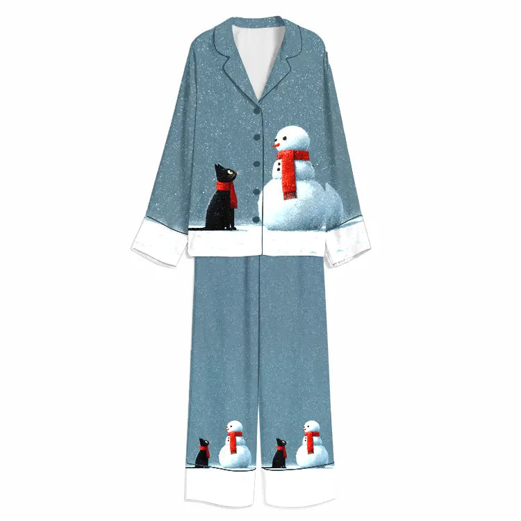 Christmas Black Cat Snowman Friendship Slate Blue Unisex Long Sleeve Silky Satin Pajama Set