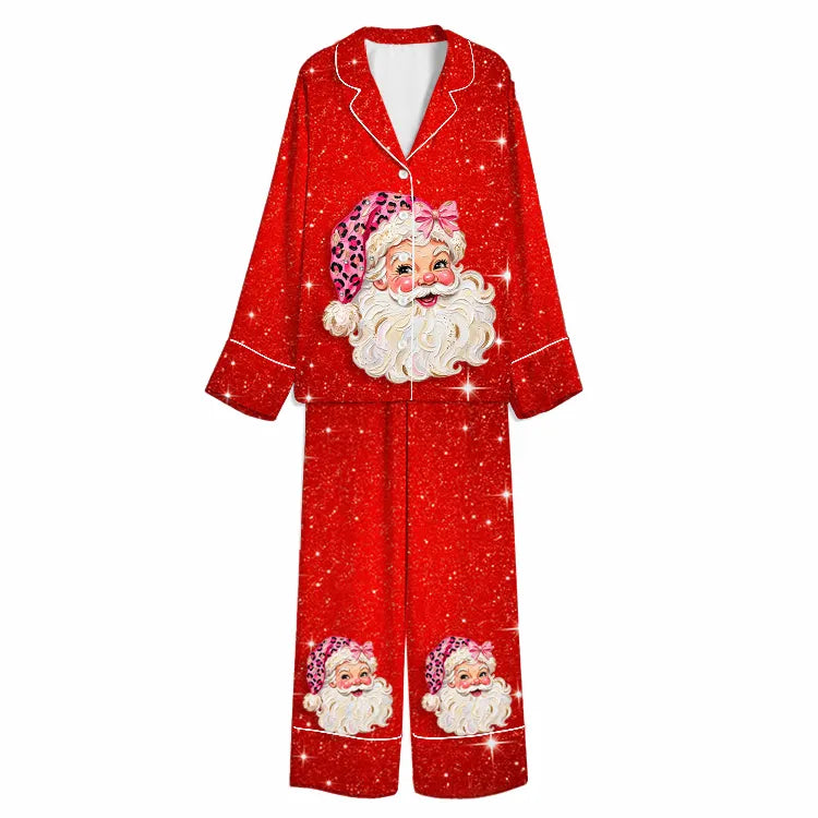 Christmas Sparkling Leopard Hat Santa Red Unisex Long Sleeve Silky Satin Pajama Set