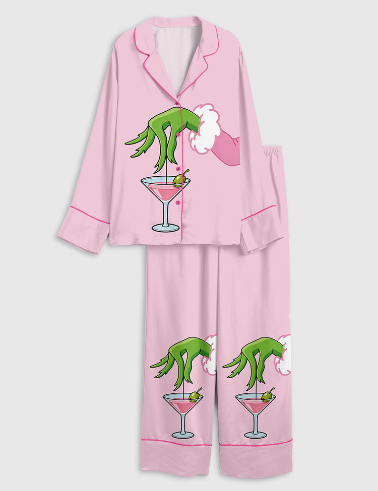 Women’s Pink Christmas Grinch Pink Martini Cocktail Long Sleeve Silky Satin Pajama Set