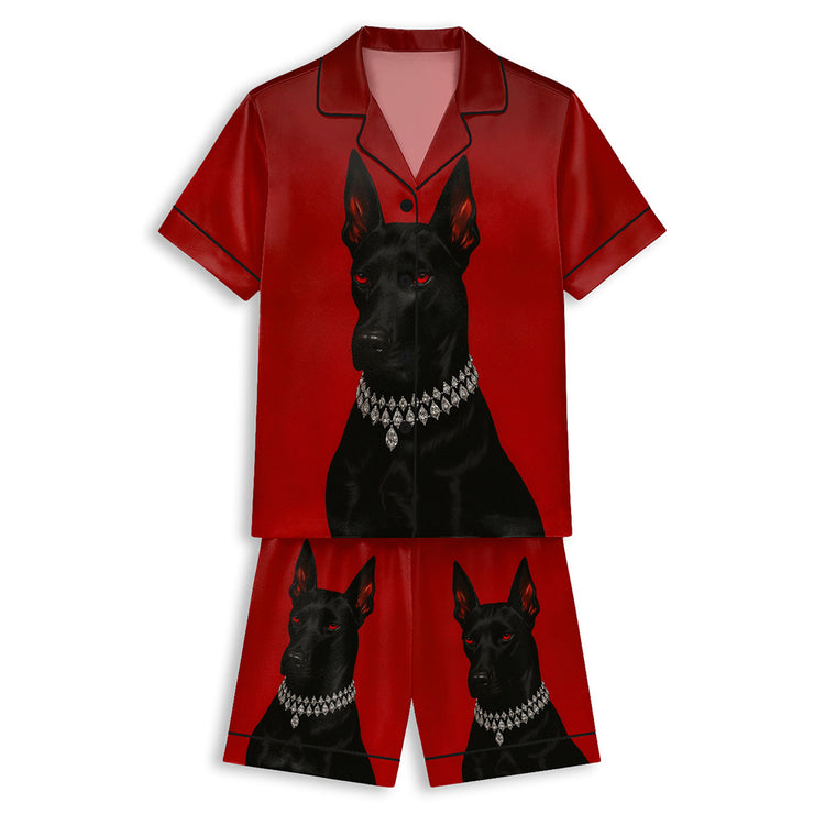 Luxury Doberman Elegant Diamond Collar Dog Unisex Short Sleeve Satin Pajama Set