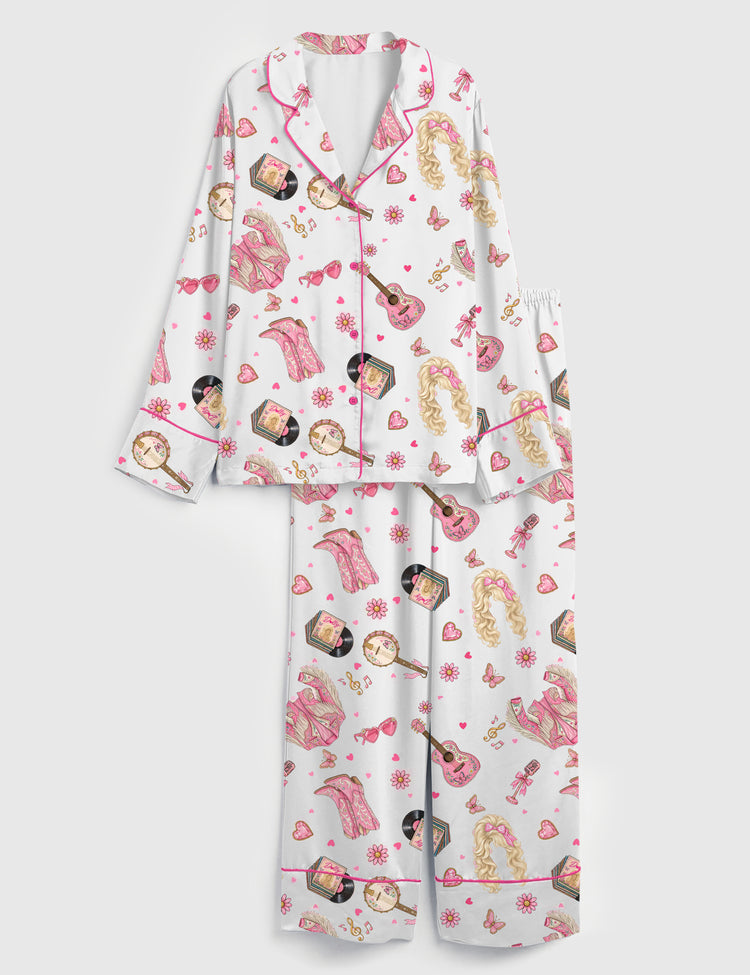 Women's Pink Western Country Music Cowgirl Dolly Guitar & Boots Long Sleeve Silky Satin Pajama Set