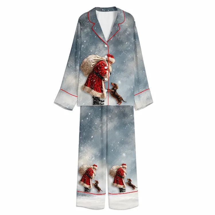 Christmas Santa Meets Dachshund Snowy Blue Unisex Long Sleeve Silky Satin Pajama Set