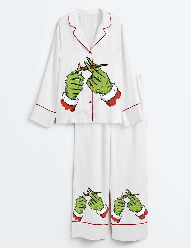 Women’s Grinch Hands Smoking Funny Christmas Long Sleeve Satin Pajama Set