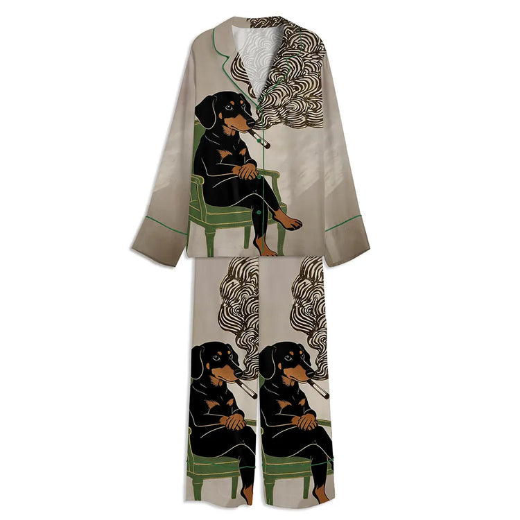 Dachshund Smoking A Cigarette Funny Wiener Dog Unisex Long Sleeve Satin Pajama Set