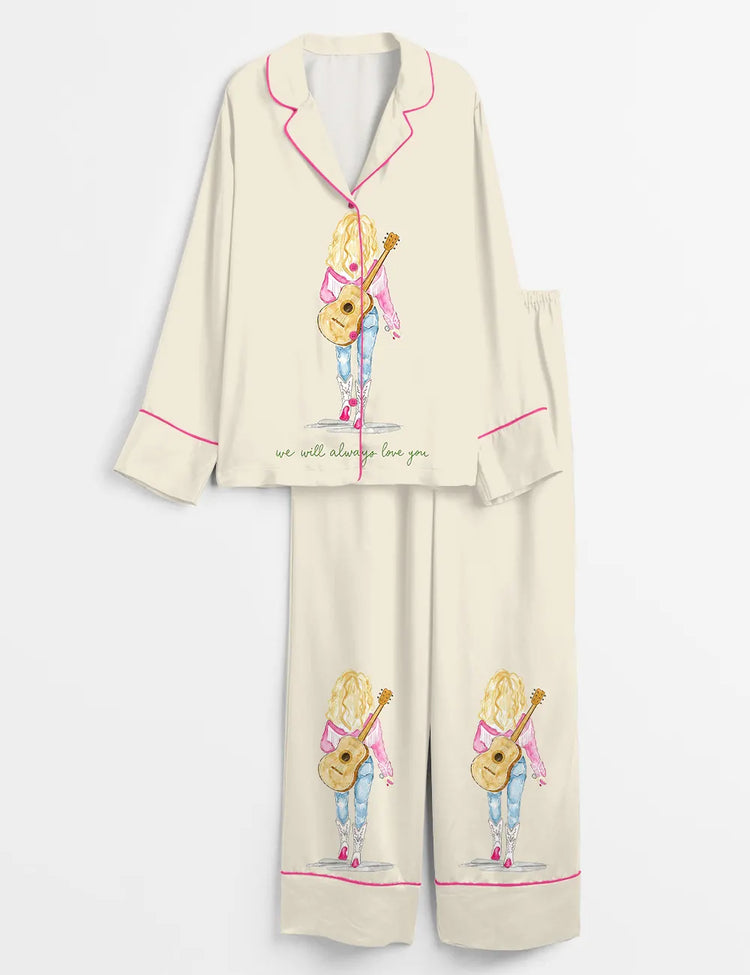 Women's Dolly Tribute We Will Always Lover You Long Sleeve Silky Satin Pajama Set