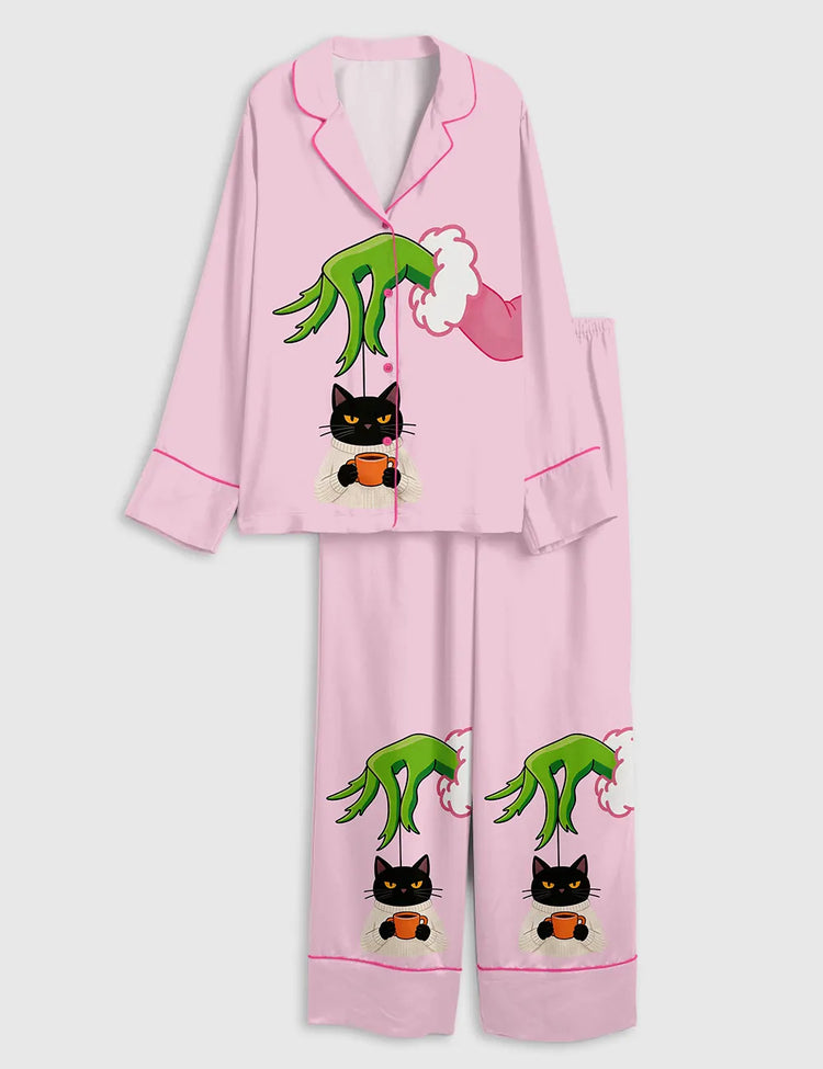Women’s Pink Christmas Grinch With Black Cat Drinking Coffee Long Sleeve Silky Satin Pajama Set