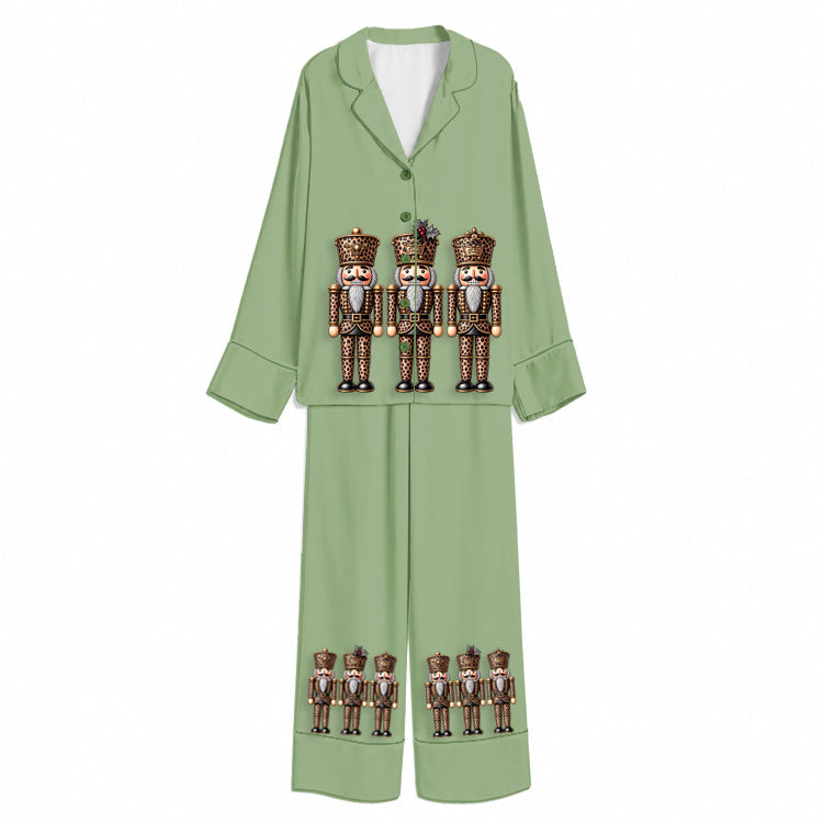 Christmas Regal Nutcracker Trio Moss Green Unisex Long Sleeve Silky Satin Pajama Set