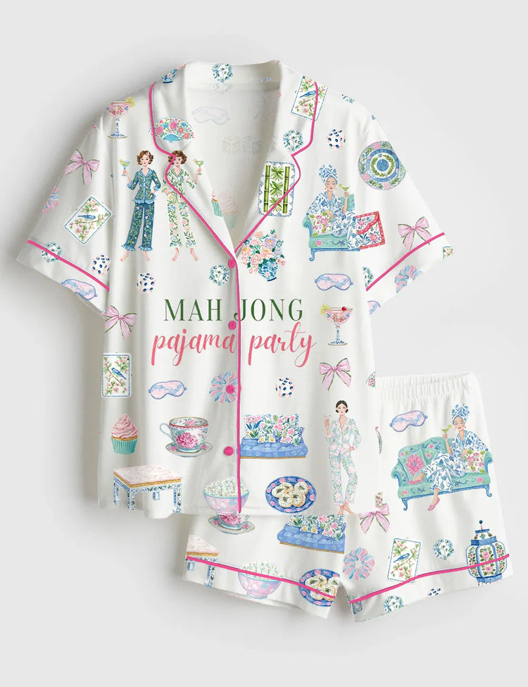 Women’s Watercolor Mahjong Pajama Cocktail Party Short Sleeve Silky Satin Pajama Set