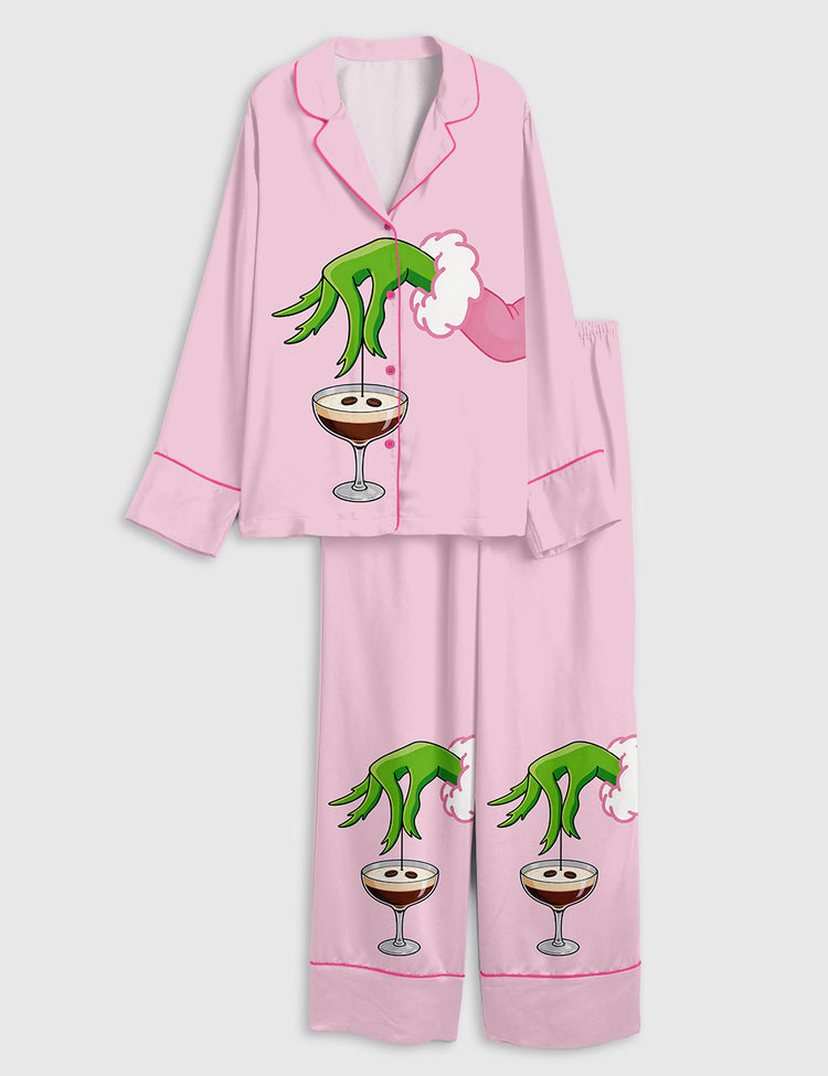 Women’s Pink Christmas Grinch Espresso Martini Cocktail Long Sleeve Silky Satin Pajama Set
