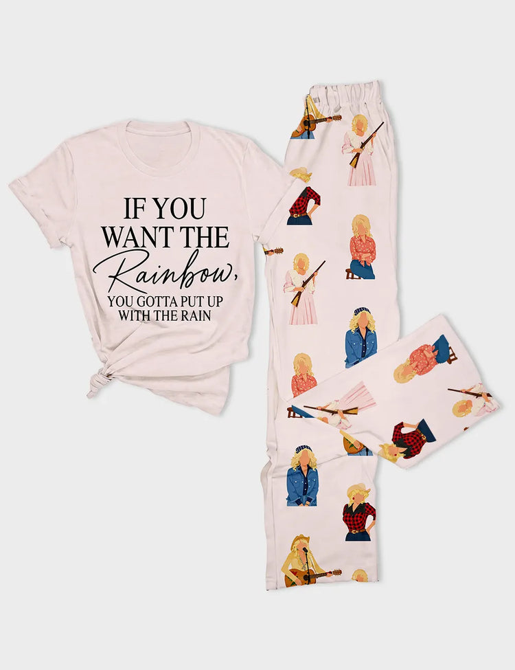 Women's Remember Dolly If You Want The Rainbow You Gotta Put Up With The Rain Western Country Music Short Sleeve Cotton T-Shirt Pajama Set
