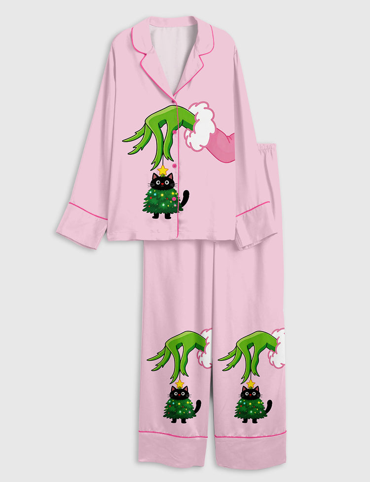 Women’s Pink Christmas Grinch Christmas Cat In Tree Costume Cute Holiday Long Sleeve Silky Satin Pajama Set