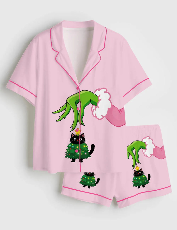 Women’s Pink Christmas Grinch Christmas Cat In Tree Costume Cute Holiday Short Sleeve Silky Satin Pajama Set