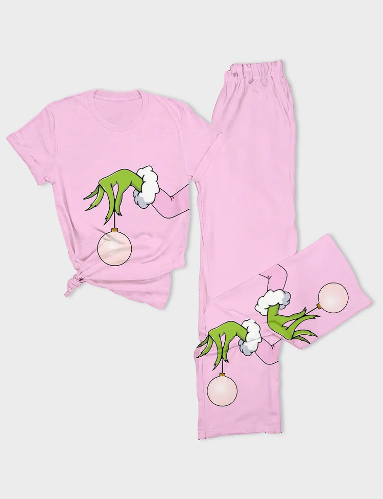Women's Pink Christmas Grinch Short Sleeve Cotton T-Shirt Pajama Set