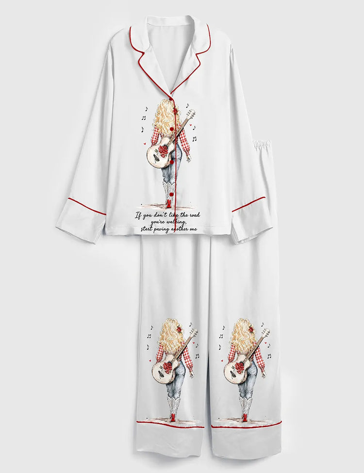 Women's Dolly Quote Road Your Walking Art Print Long Sleeve Silky Satin Pajama Set