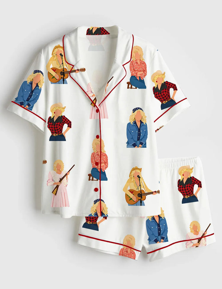 Women’s Remember Dolly Western Country Music Short Sleeve Silky Satin Pajama Set