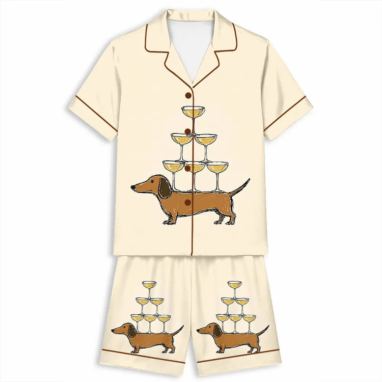 Dachshund Martini Funny Dog Cocktail Art Print Unisex Short Sleeve Silky Satin Pajama Set