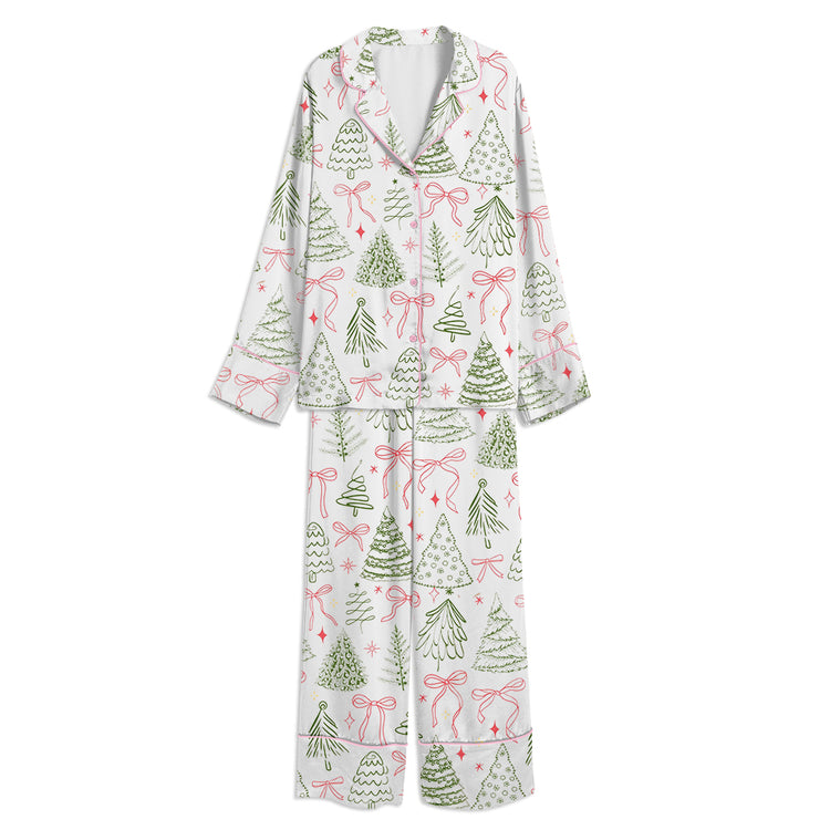 Preppy Christmas Tree Vintage Coquette Bow Unisex Long Sleeve Satin Pajama Set