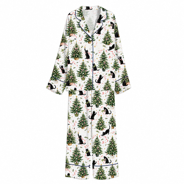 Christmas Tree Black Cat White Unisex Long Sleeve Silky Satin Pajama Set