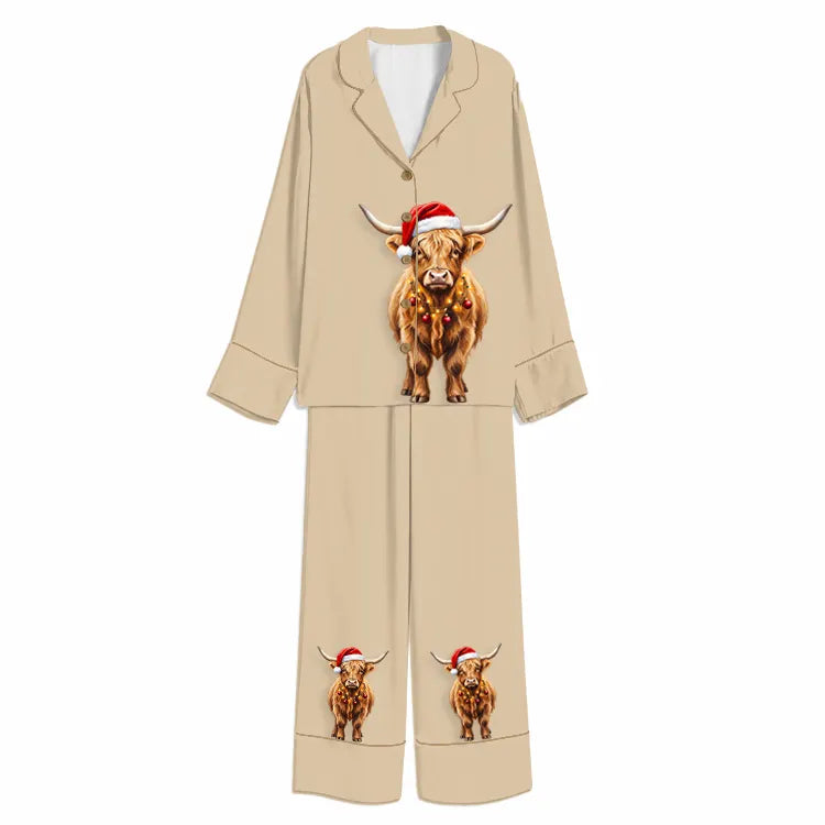 Christmas Santa Highland Cow Cream Unisex Long Sleeve Silky Satin Pajama Set