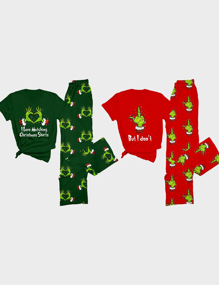 Women's Funny Matching Christmas Grinch Inspired Hand Art Short Sleeve Cotton T-Shirt Pajama Set