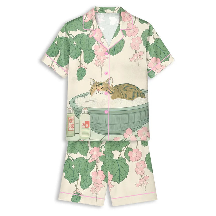 Tabby Cat In Bathtub Ukiyo-e Style Unisex Short Sleeve Satin Pajama Set
