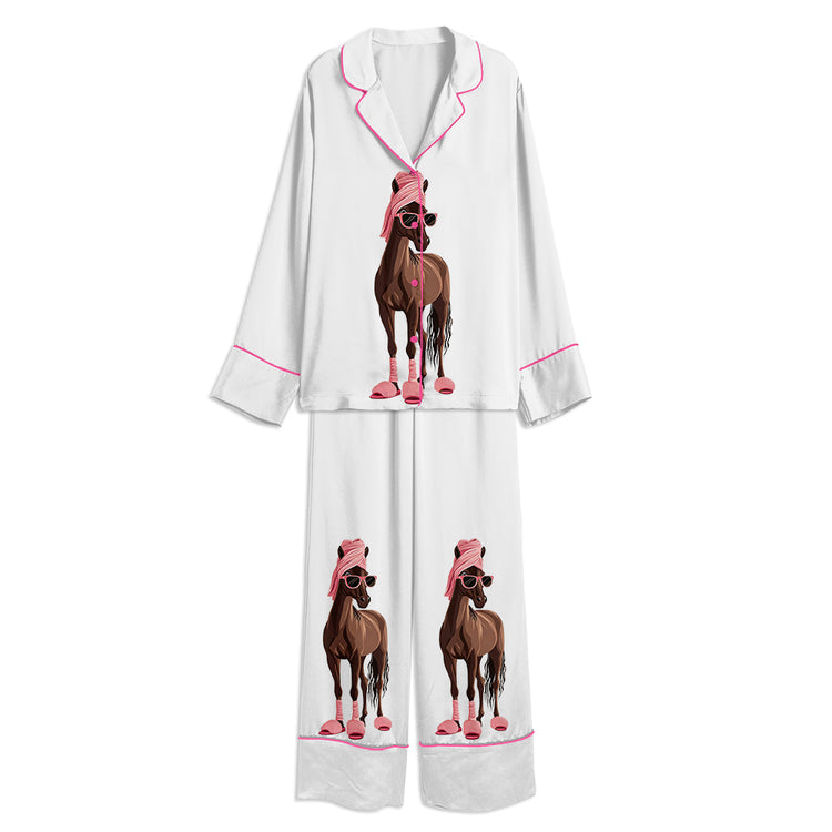 Funny Spa Day Horse Art Print Unisex Long Sleeve Silky Satin Pajama Set