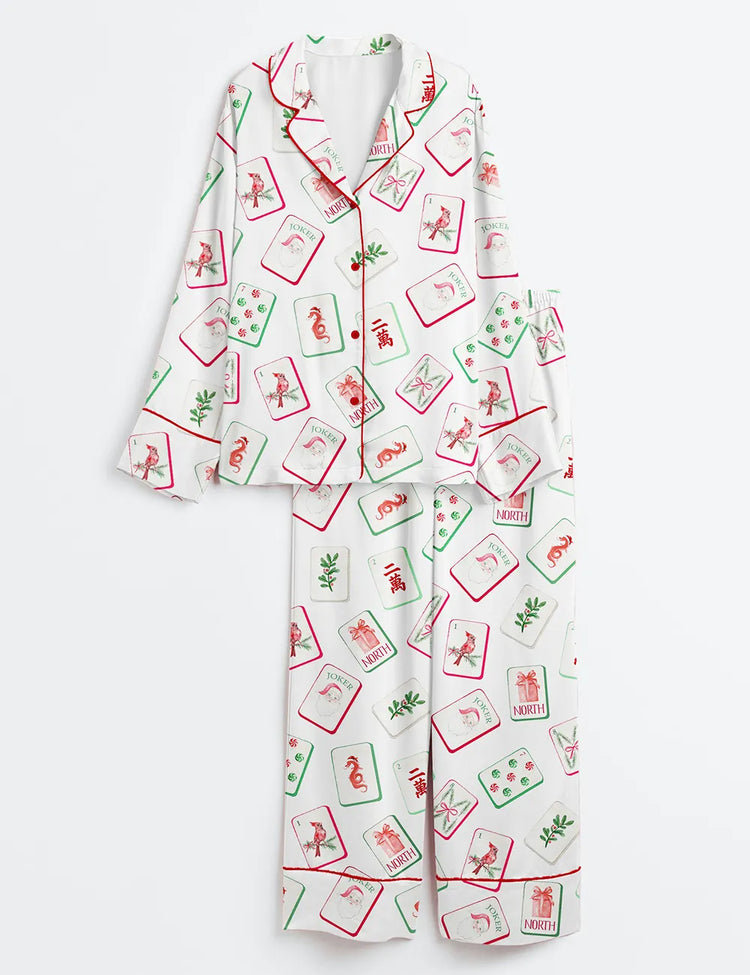 Women’s Watercolor Chinoiserie Millennial Mahjong Christmas Santa Party Long Sleeve Satin Pajama Set