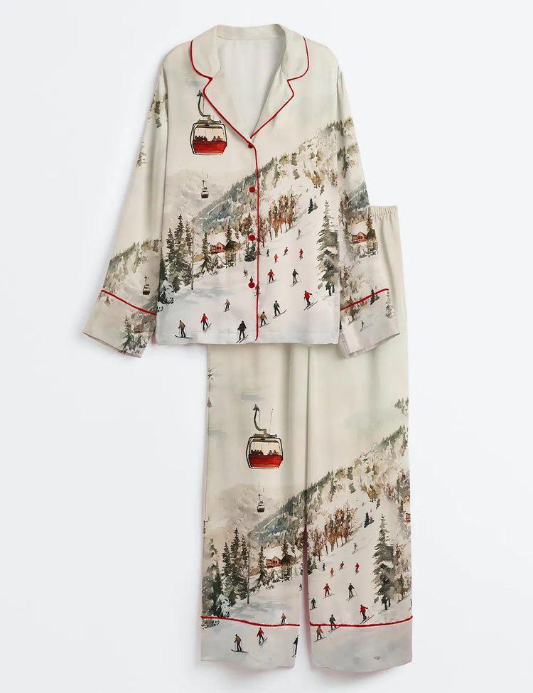 Women’s Vintage Ski Lift Winter Ski Slopes Christmas Long Sleeve Silky Satin Pajama Set