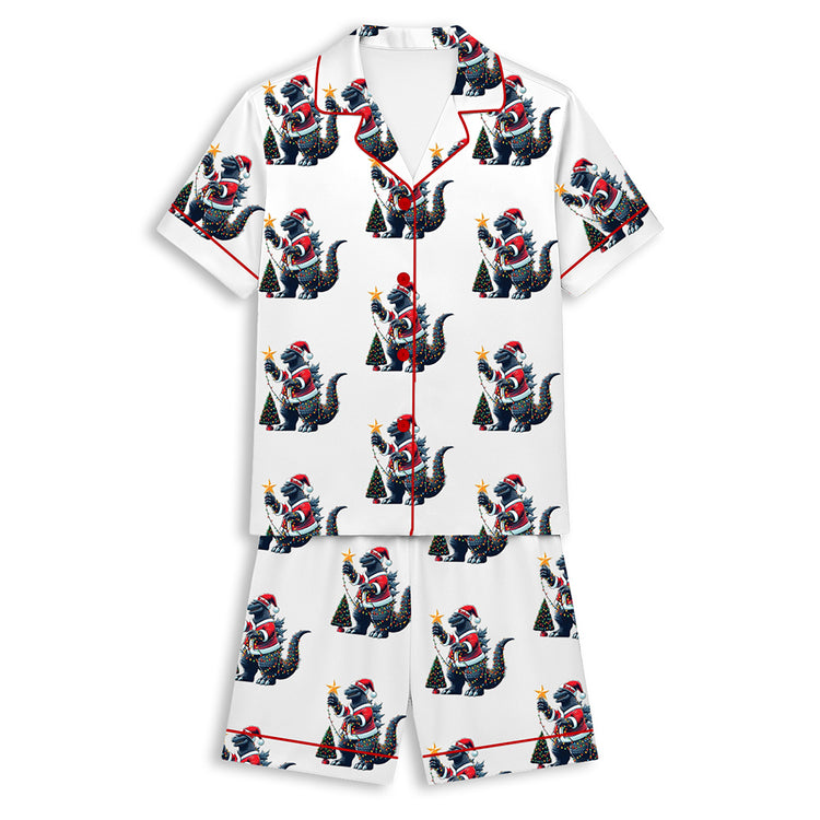 Godzila Christmas Xmas Tree Godzilla Lovers Unisex Short Sleeve Satin Pajama Set