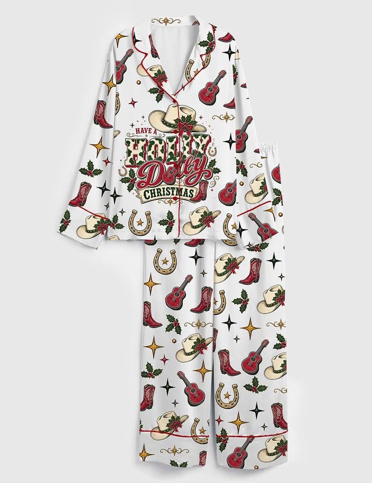 Women's Holly Dolly Christmas Western Cowgirl Art Long Sleeve Silky Satin Pajama Set