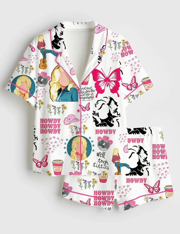 Women’s Remember Dolly Western Howdy Country Music Short Sleeve Silky Satin Pajama Set