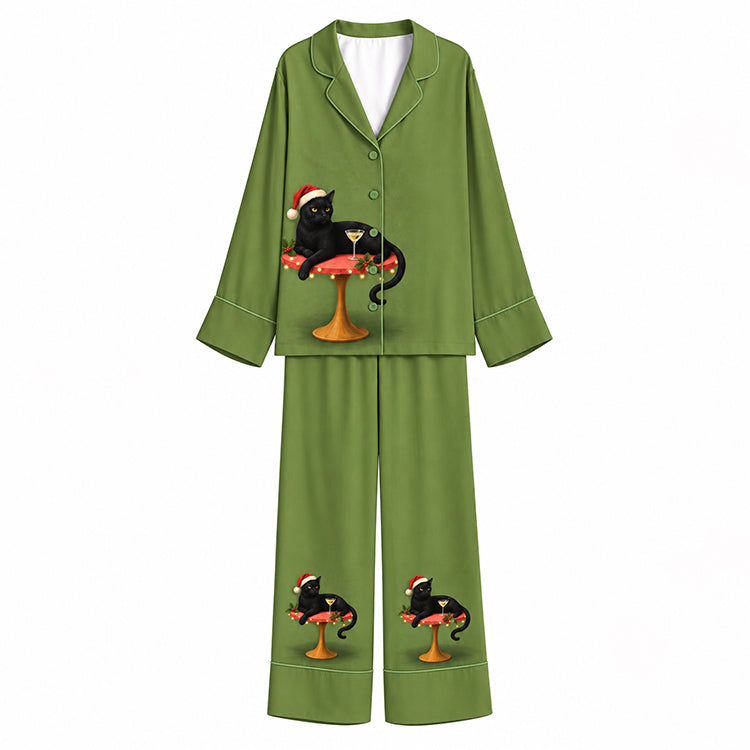 Christmas Santa Black Cat Martini Olive Green Unisex Long Sleeve Silky Satin Pajama Set