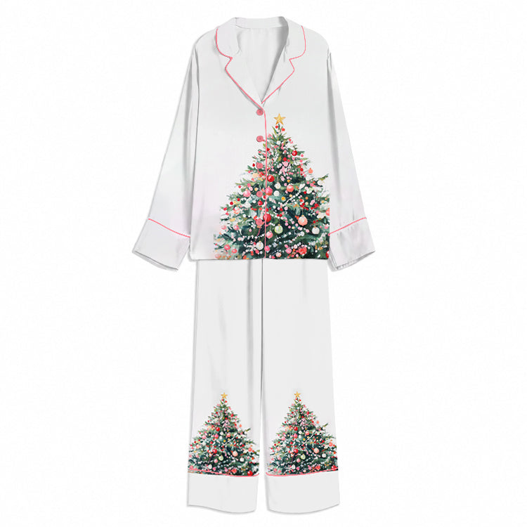 Christmas Classic Ornament Tree White Unisex Long Sleeve Silky Satin Pajama Set